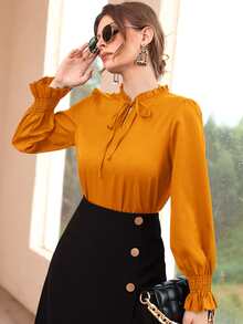 Shirred Flounce Sleeve Frilled Tie Neck Blouse - Mustard Yellow - View 4