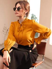 Shirred Flounce Sleeve Frilled Tie Neck Blouse - Mustard Yellow - View 5