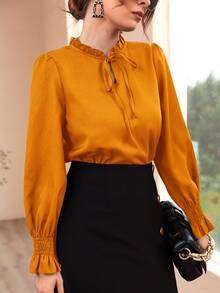 Shirred Flounce Sleeve Frilled Tie Neck Blouse - Mustard Yellow - View 6