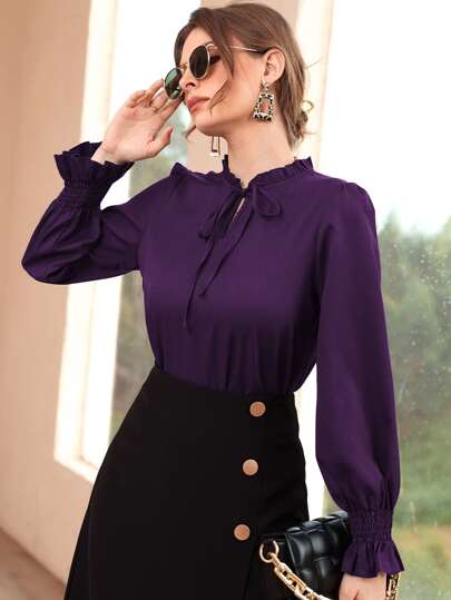 Modelyn Blusa de manga abullonada con fruncidos, cuello con lazo, manga larga