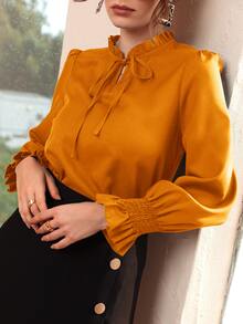 Shirred Flounce Sleeve Frilled Tie Neck Blouse - Mustard Yellow - View 7