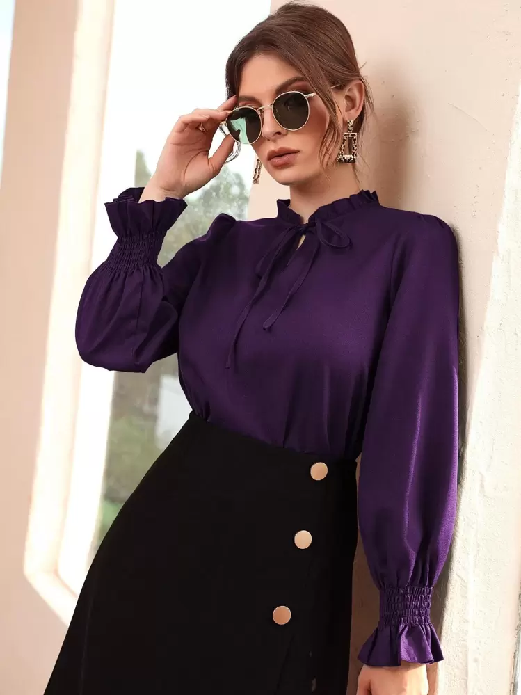 Modelyn Shirred Flounce Sleeve Frilled Tie Neck Blouse,Long Sleeve