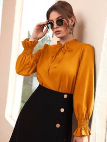 Shirred Flounce Sleeve Frilled Tie Neck Blouse - Mustard Yellow - View 8