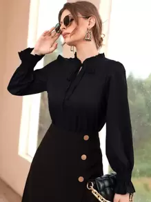 Mulvari Shirred Flounce Sleeve Frilled Tie Neck Blouse - Black - View 1