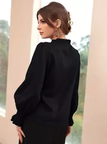 Mulvari Shirred Flounce Sleeve Frilled Tie Neck Blouse - Black - View 2