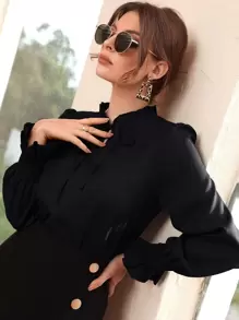 Mulvari Shirred Flounce Sleeve Frilled Tie Neck Blouse - Black - View 4