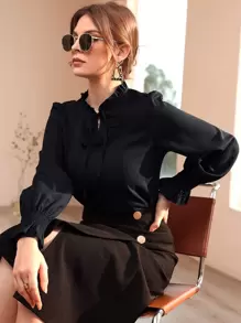 Mulvari Shirred Flounce Sleeve Frilled Tie Neck Blouse - Black - View 5