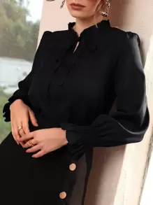Mulvari Shirred Flounce Sleeve Frilled Tie Neck Blouse - Black - View 6