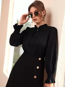 Mulvari Shirred Flounce Sleeve Frilled Tie Neck Blouse - Black - View 7