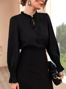 Mulvari Shirred Flounce Sleeve Frilled Tie Neck Blouse - Black - View 8