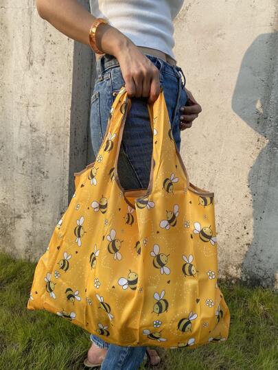 Cartoon Bee Print Portable Shopping Bag, Cute Large Portable Storage Bag For Outdoor