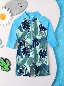 Baby Boy Tropical Print Zipper Front One Piece Swimsuit - Multicolor - View 1
