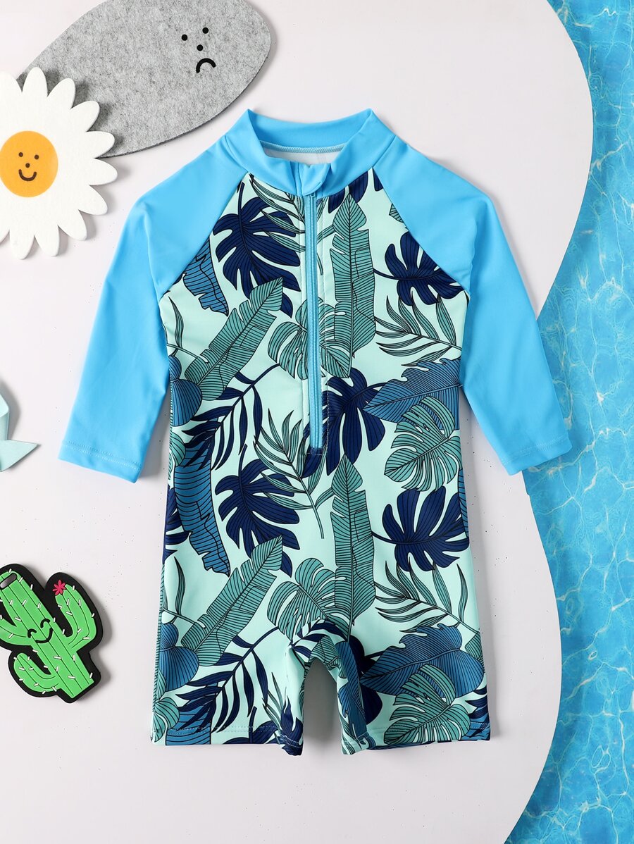 Baby Boy Tropical Print Zipper Front One Piece Swimsuit - Multicolor - View 1