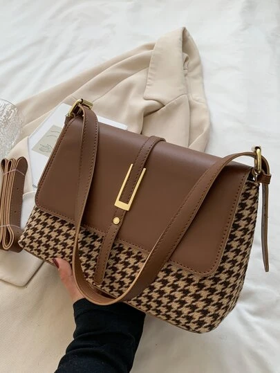 1pc Vintage Brown PU Leather & Houndstooth Pattern Large Capacity Zipper Flap Decorated Handbag, Suitable For Women Daily Outing, Shopping, Party, Mother's Day, Christmas, Birthday Gift