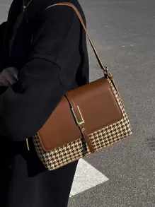 1 件复古棕色 PU 皮革与千鸟格图案大容量拉链翻盖装饰手提包，适合女性日常外出、购物、派对、母亲节、圣诞节、生日礼物 - 彩色 - 查看 2