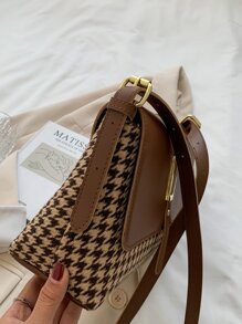 1 件复古棕色 PU 皮革与千鸟格图案大容量拉链翻盖装饰手提包，适合女性日常外出、购物、派对、母亲节、圣诞节、生日礼物 - 彩色 - 查看 5