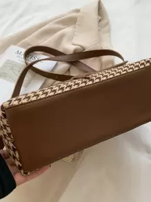 1 件复古棕色 PU 皮革与千鸟格图案大容量拉链翻盖装饰手提包，适合女性日常外出、购物、派对、母亲节、圣诞节、生日礼物 - 彩色 - 查看 4