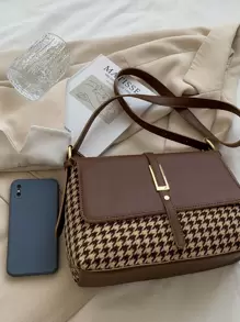 1 件复古棕色 PU 皮革与千鸟格图案大容量拉链翻盖装饰手提包，适合女性日常外出、购物、派对、母亲节、圣诞节、生日礼物 - 彩色 - 查看 7