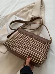 1 件复古棕色 PU 皮革与千鸟格图案大容量拉链翻盖装饰手提包，适合女性日常外出、购物、派对、母亲节、圣诞节、生日礼物 - 彩色 - 查看 8