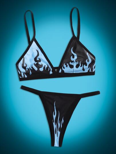 Grunge Punk Set de lencería con estampado de fuego de malla