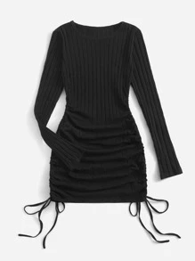 ROMWE Vestido unicolor de canalé con cordón - Negro - Ver 6