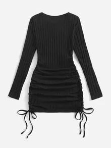 ROMWE Vestido unicolor de canalé con cordón - Negro - Ver 2