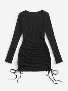 ROMWE Vestido unicolor de canalé con cordón - Negro - Ver 4