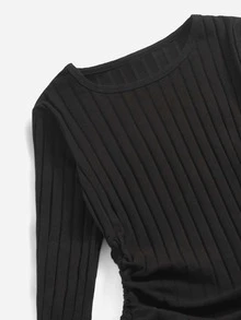 ROMWE Vestido unicolor de canalé con cordón - Negro - Ver 5