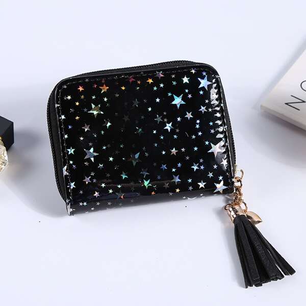 

Tassel Decor Allover Star Graphic Small Purse, Black