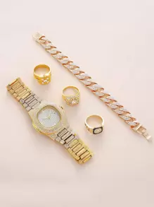 1入組男士水鑽裝飾石英表和4入組首飾套裝 - 金色 - 查看 2