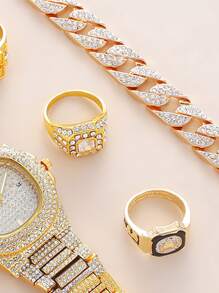 1入組男士水鑽裝飾石英表和4入組首飾套裝 - 金色 - 查看 3