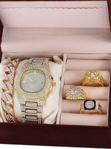 1入組男士水鑽裝飾石英表和4入組首飾套裝 - 金色 - 查看 1