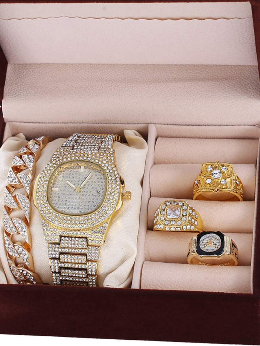 1入組男士水鑽裝飾石英表和4入組首飾套裝 - 金色 - 查看 1