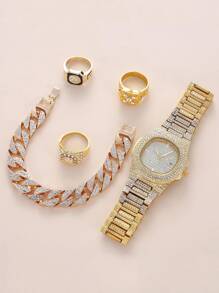 1入組男士水鑽裝飾石英表和4入組首飾套裝 - 金色 - 查看 4