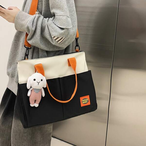 

Colorblock Tote Bag With Cartoon Bag Charm, Black and white