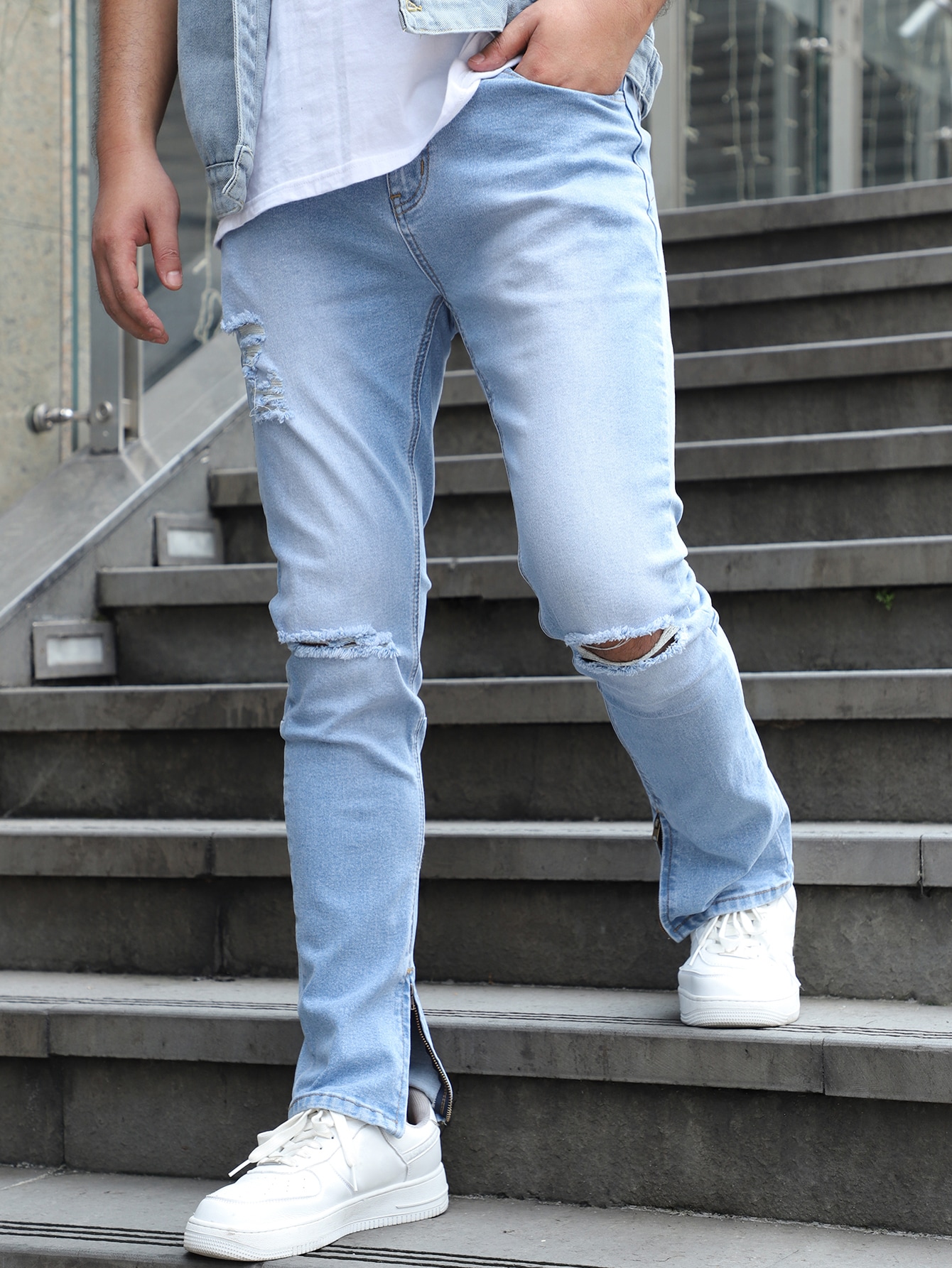 Men Bleach Wash Ripped Frayed Split Hem 