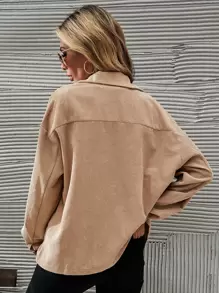 SHEIN LUNE Flap Pocket Drop Shoulder Corduroy Jacket Fall Winter Cloth For Women - Khaki - View 2