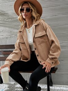 SHEIN LUNE Flap Pocket Drop Shoulder Corduroy Jacket Fall Winter Cloth For Women - Khaki - View 4