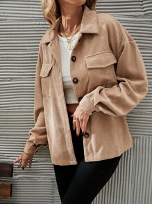 SHEIN LUNE Flap Pocket Drop Shoulder Corduroy Jacket Fall Winter Cloth For Women - Khaki - View 5
