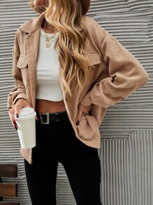 SHEIN LUNE Flap Pocket Drop Shoulder Corduroy Jacket Fall Winter Cloth For Women - Khaki - View 6