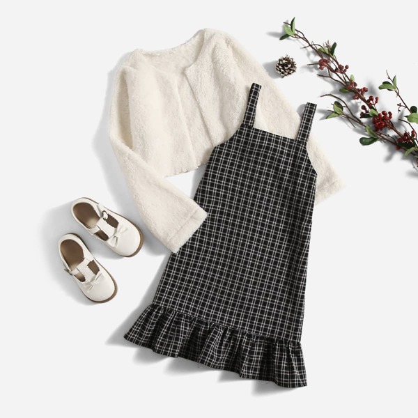 

Girls Teddy Jacket With Plaid Dress, Multicolor