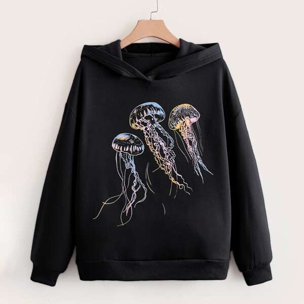 

размера плюс Термальное худи с принтом медузы, Чёрный