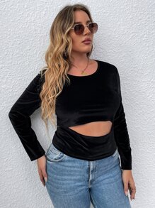 SHEIN LUNE Áo thun Plus size Cắt ra màu trơn Giải trí - màu đen - Xem 1