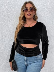 SHEIN LUNE Áo thun Plus size Cắt ra màu trơn Giải trí - màu đen - Xem 3