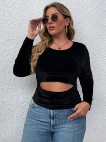 SHEIN LUNE Áo thun Plus size Cắt ra màu trơn Giải trí - màu đen - Xem 4
