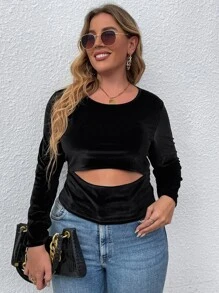 SHEIN LUNE Áo thun Plus size Cắt ra màu trơn Giải trí - màu đen - Xem 5