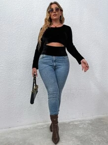 SHEIN LUNE Áo thun Plus size Cắt ra màu trơn Giải trí - màu đen - Xem 6