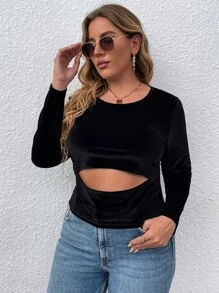 SHEIN LUNE Áo thun Plus size Cắt ra màu trơn Giải trí - màu đen - Xem 7