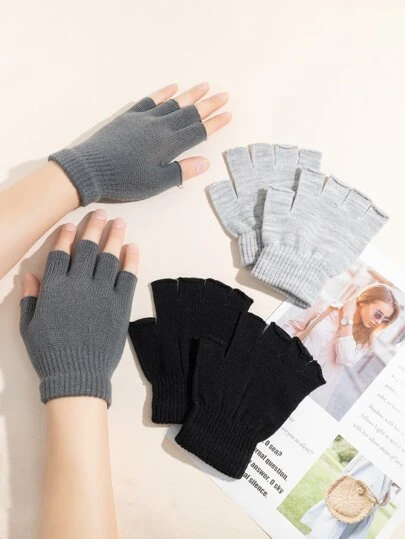 3pairs Simple Fingerless Gloves