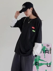 DAZY Patch Detail Drop Shoulder 2 In 1 Tee,Fall Clothes Long Sleeve Women Tops - Black - View 3